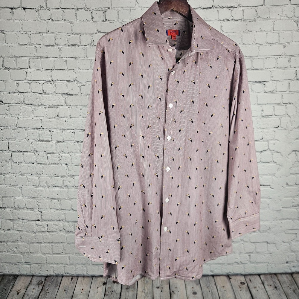 ZNT18 Mens Button Up Shirt Toucan Print Red Stripe Cotton Size 17 32/33